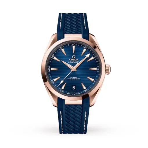 Omega Seamaster Aqua Terra O22052412103001 with a blue teak-pattern dial, 41 mm 18K Sedna™ Gold case, and blue structured rubber strap.