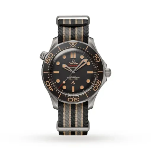 Omega Seamaster Diver 300M 007 Edition O21092422001001 with a tropical brown aluminium dial, 42 mm Grade 2 titanium case, brown aluminium bezel, and striped NATO fabric strap.