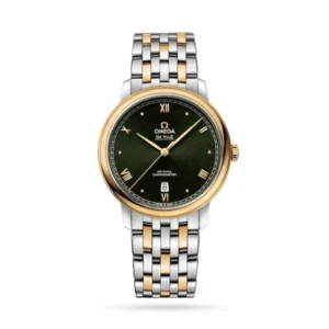 Omega De Ville Prestige O42420402010001 with a green sun-brushed dial, 39.5 mm stainless steel and 18K yellow gold case, and two-tone stainless steel and gold bracelet.