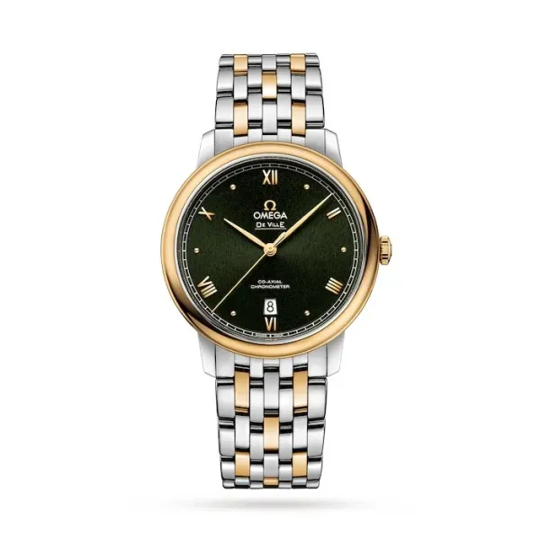 Omega De Ville Prestige O42420402010001 with a green sun-brushed dial, 39.5 mm stainless steel and 18K yellow gold case, and two-tone stainless steel and gold bracelet.