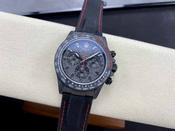 Daytona DIW Carbon N6F 1:1 Best Edition featuring a Black Dial, carbon case, fixed carbon tachymeter bezel, black nylon strap, and SA4130 automatic chronograph movement.