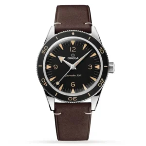 Omega Seamaster 300 O23432412101001 with a black matte dial, 41 mm stainless steel case, aluminium diving bezel, and brown calfskin leather strap