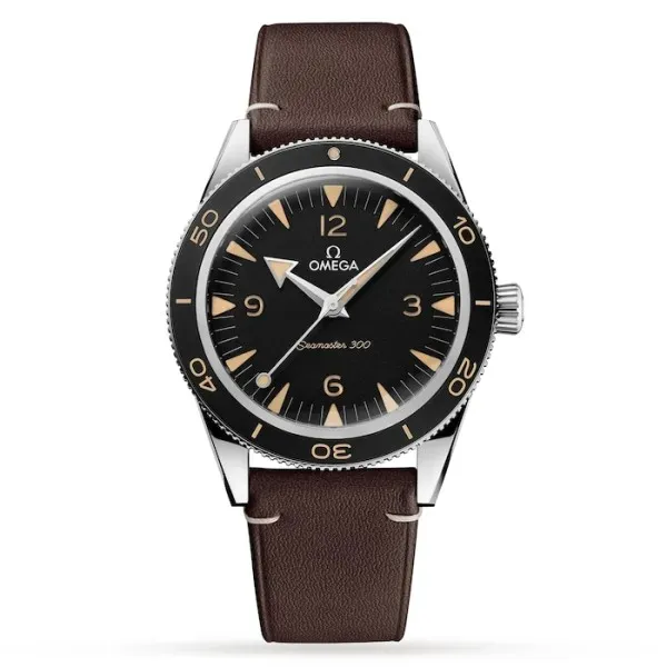 Omega Seamaster 300 O23432412101001 with a black matte dial, 41 mm stainless steel case, aluminium diving bezel, and brown calfskin leather strap