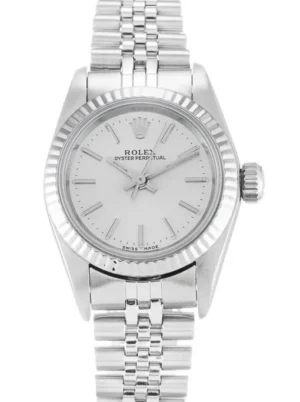 Rolex Oyster Perpetual Lady 24mm Silver Dial featuring a 24mm stainless steel case, silver dial, smooth bezel, Oyster bracelet, and automatic movement.