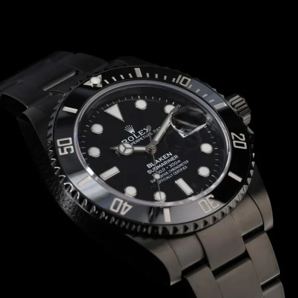 44673720-s41kdqz1663ub4nmuiii2nnj-ExtraLarge Blaken Rolex Submariner Super Clone featuring a black-coated stainless steel case, Black Dial, black ceramic bezel, Oyster bracelet, sapphire crystal, and automatic movement.