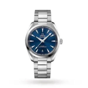 Omega Seamaster Aqua Terra O22013382001001 with a black teak-pattern dial, 38 mm stainless steel case, and black leather strap.