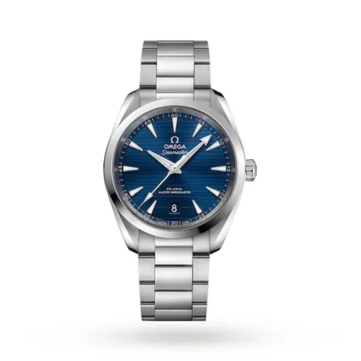 49176AC4-41B9-59D4-CBE3-F9260DD19BF3 Omega Seamaster Aqua Terra O22013382001001 with a black teak-pattern dial, 38 mm stainless steel case, and black leather strap.