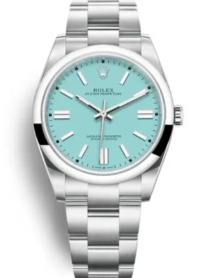 Rolex Oyster Perpetual 41mm Turquoise Blue Dial 124300 featuring a 41mm stainless steel case, turquoise blue dial, smooth bezel, Oyster bracelet, and automatic movement.