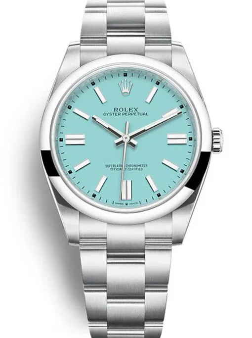 50-3 Rolex Oyster Perpetual 41mm Turquoise Blue Dial 124300 featuring a 41mm stainless steel case, turquoise blue dial, smooth bezel, Oyster bracelet, and automatic movement.