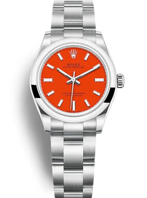 51-4 Rolex Oyster Perpetual Lady 31mm Coral Red Dial featuring a 31mm stainless steel case, coral red dial, smooth bezel, Oyster bracelet, and automatic movement.