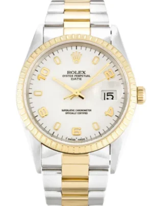 Rolex Oyster Perpetual Date 34mm White Dial featuring a 34mm stainless steel case, white dial, date display, smooth bezel, Oyster bracelet, and automatic movement.