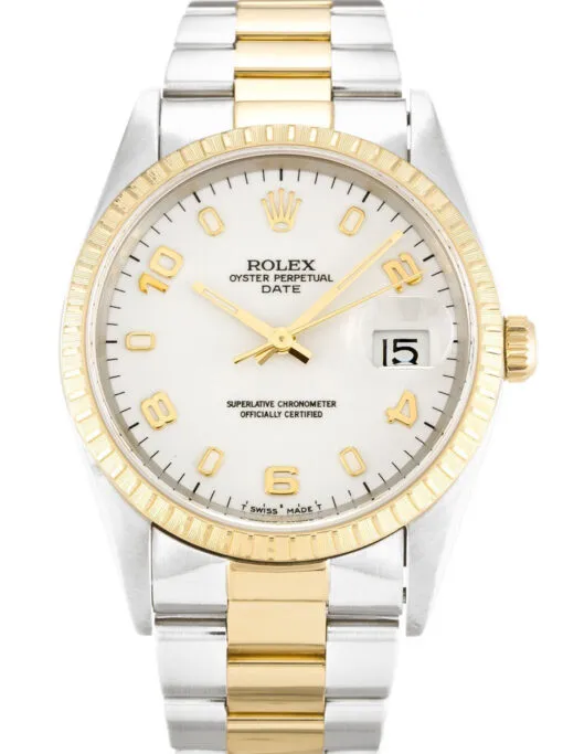 52-3 Rolex Oyster Perpetual Date 34mm White Dial featuring a 34mm stainless steel case, white dial, date display, smooth bezel, Oyster bracelet, and automatic movement.