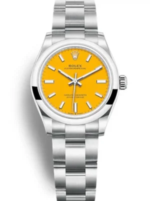 Rolex Oyster Perpetual Lady 31mm Yellow Dial featuring a 31mm stainless steel case, vibrant yellow dial, smooth bezel, Oyster bracelet, and automatic movement.