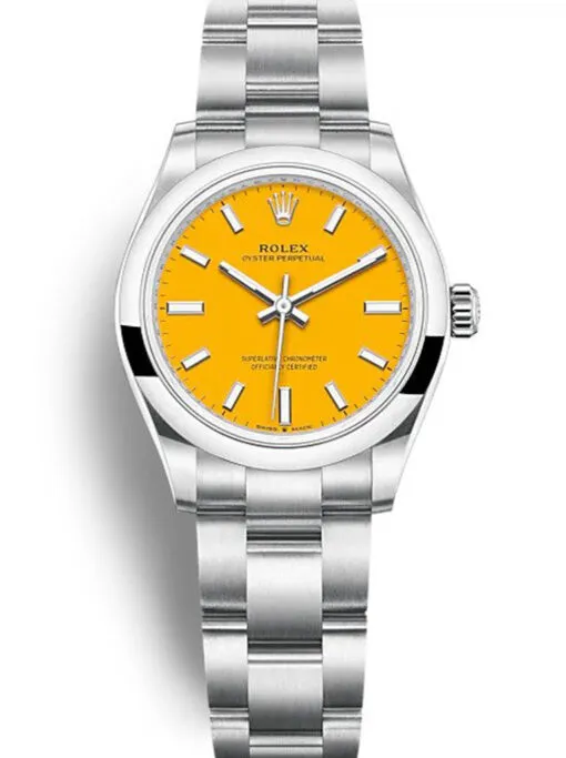 53-3 Rolex Oyster Perpetual Lady 31mm Yellow Dial featuring a 31mm stainless steel case, vibrant yellow dial, smooth bezel, Oyster bracelet, and automatic movement.