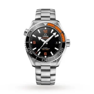 Omega Seamaster Planet Ocean O21530442101002 with a black ceramic dial, 43.5 mm stainless steel case, black ceramic bezel with orange rubber diving scale, and stainless steel bracelet.
