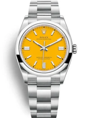 54-3 Rolex Oyster Perpetual Lady 36mm Yellow Dial featuring a 36mm stainless steel case, yellow dial, smooth bezel, Oyster bracelet, and automatic movement.