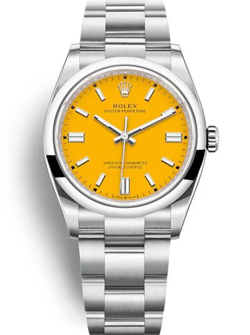54-3 Rolex Oyster Perpetual Lady 36mm Yellow Dial featuring a 36mm stainless steel case, yellow dial, smooth bezel, Oyster bracelet, and automatic movement.