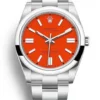 Rolex Oyster Perpetual Lady 36mm Coral Red Dial featuring a 36mm stainless steel case, coral red dial, smooth bezel, Oyster bracelet, and automatic movement.
