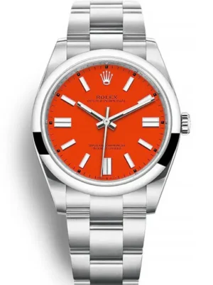 Rolex Oyster Perpetual Lady 36mm Coral Red Dial featuring a 36mm stainless steel case, coral red dial, smooth bezel, Oyster bracelet, and automatic movement.