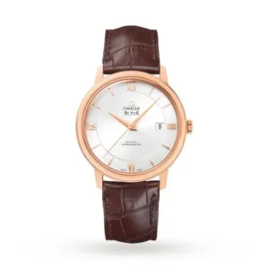 Omega De Ville Prestige O42453402002001 with a silver two-zone dial, 39.5 mm 18K Sedna™ Gold case, and brown alligator leather strap
