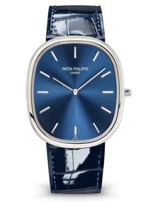 Patek Philippe 5738P Golden Ellipse with a sunburst blue dial, platinum case, and navy blue leather strap.