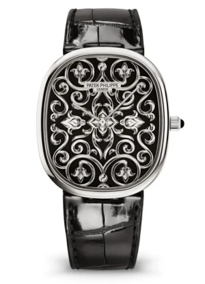Patek Philippe 5738/51G Golden Ellipse with a hand-engraved black enamel dial, white gold case, and black leather strap