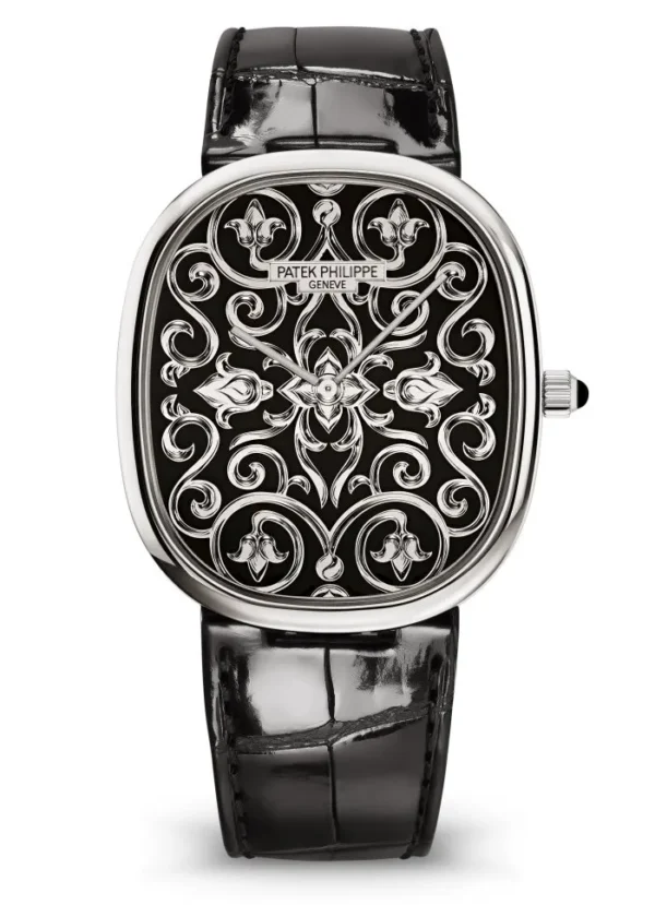Patek Philippe 5738/51G Golden Ellipse with a hand-engraved black enamel dial, white gold case, and black leather strap