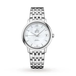 Omega De Ville Prestige O42410332005001 with a white mother-of-pearl dial, 32.7 mm stainless steel case, and stainless steel Prestige bracelet.