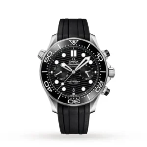 Omega Seamaster Diver 300M Chronograph O21032445101001 with a black ceramic wave-pattern dial, 44 mm stainless steel case, black ceramic bezel, chronograph subdials, and black rubber strap.