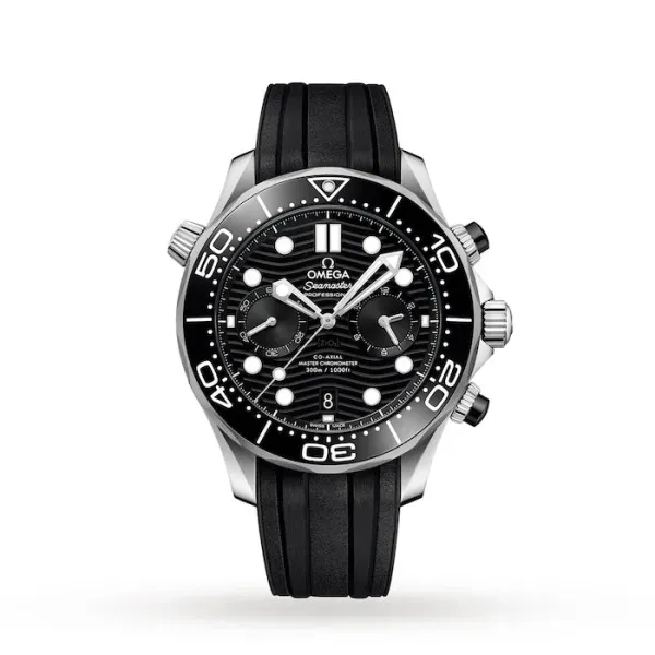 Omega Seamaster Diver 300M Chronograph O21032445101001 with a black ceramic wave-pattern dial, 44 mm stainless steel case, black ceramic bezel, chronograph subdials, and black rubber strap.