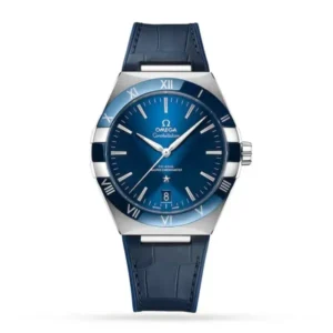 Omega Constellation O13133412103001 with a blue sun-brushed dial, 41 mm stainless steel case, blue ceramic bezel, and blue leather strap