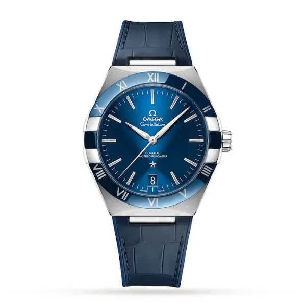 Omega Constellation O13133412103001 with a blue sun-brushed dial, 41 mm stainless steel case, blue ceramic bezel, and blue leather strap