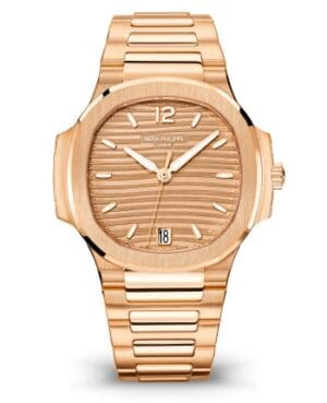 7118_1R_010_1 Patek Philippe Nautilus 7118/1R-001 Rose Gold Super Clone with a rose gold case and bracelet