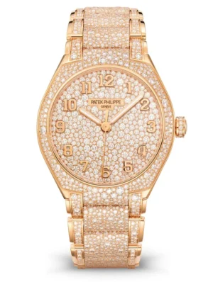 Patek Philippe 7300/1450R Twenty~4 with a rose gold case, diamond-set design, and matching bracelet.