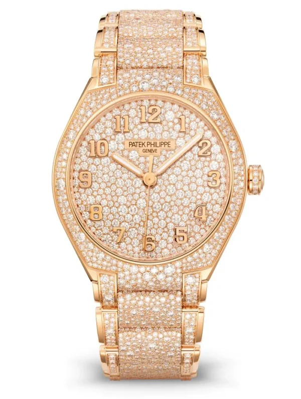 7300_1450R_001_1@2x Patek Philippe 7300/1450R Twenty~4 with a rose gold case, diamond-set design, and matching bracelet.