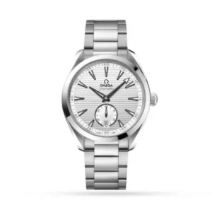 Omega Seamaster Aqua Terra O22010412102002 with a silver teak-pattern dial, 41 mm stainless steel case, and stainless steel bracelet.