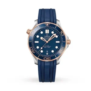 Omega Seamaster Diver 300M O21022422003002 with a blue ceramic wave-pattern dial, 42 mm stainless steel and 18K Sedna™ Gold case, blue ceramic bezel, and blue rubber strap.