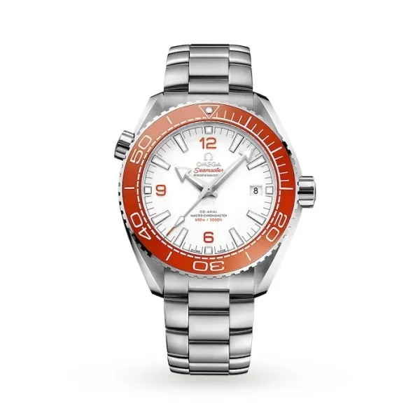 Omega Seamaster Planet Ocean O21530442104001 with a white ceramic dial, 43.5 mm stainless steel case, orange ceramic diving bezel, and stainless steel bracelet.