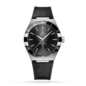 Omega Constellation O13133412101001 with a black sun-brushed dial, 41 mm stainless steel case, black ceramic bezel, and black leather strap.
