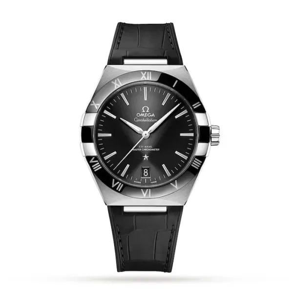 Omega Constellation O13133412101001 with a black sun-brushed dial, 41 mm stainless steel case, black ceramic bezel, and black leather strap.
