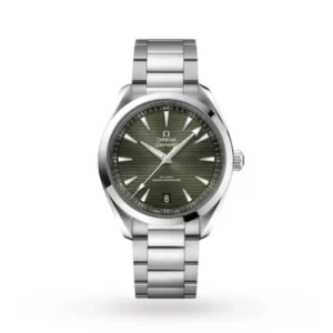 Omega Seamaster Aqua Terra O22010412110001 with a green teak-pattern dial, 41 mm stainless steel case, and stainless steel bracelet.