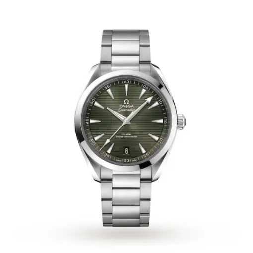 Omega Seamaster Aqua Terra O22010412110001 with a green teak-pattern dial, 41 mm stainless steel case, and stainless steel bracelet.