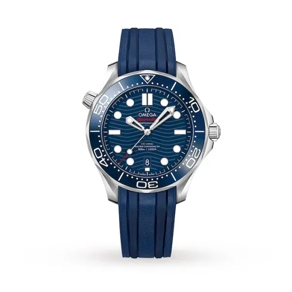 Omega Seamaster Diver 300M O21032422003001 with a blue ceramic wave-pattern dial, 42 mm stainless steel case, blue ceramic bezel, and blue rubber strap