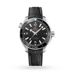 Omega Seamaster Planet Ocean O21533402001001 with a black ceramic dial, 39.5 mm stainless steel case, black ceramic diving bezel, and black leather strap.