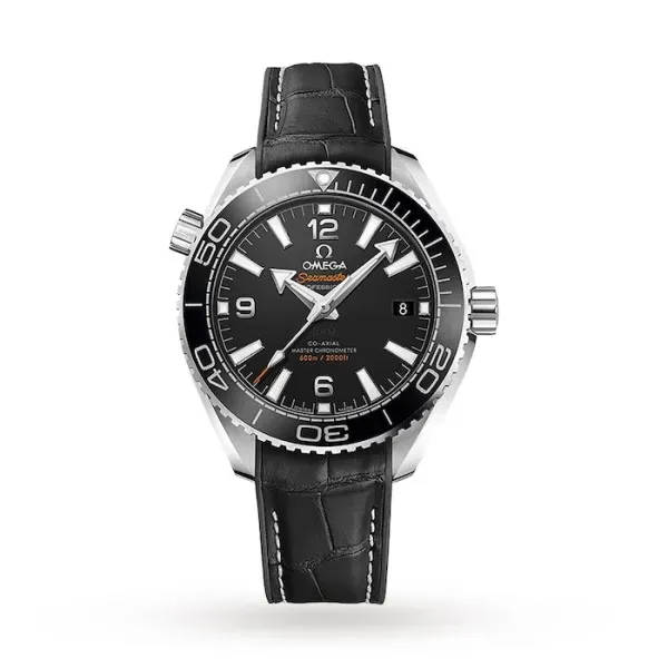 Omega Seamaster Planet Ocean O21533402001001 with a black ceramic dial, 39.5 mm stainless steel case, black ceramic diving bezel, and black leather strap.