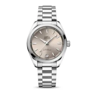 Omega Aqua Terra 34mm O22010342009001 with a sandstone ivory sun-brushed dial, stainless steel case, and stainless steel bracelet.