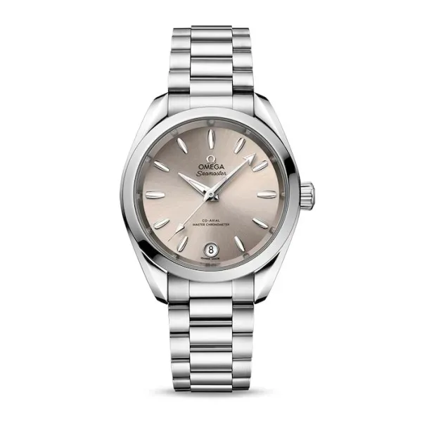 Omega Aqua Terra 34mm O22010342009001 with a sandstone ivory sun-brushed dial, stainless steel case, and stainless steel bracelet.