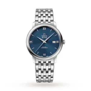 Omega De Ville Prestige O42410402003001 with a blue two-zone sun-brushed dial, 39.5 mm stainless steel case, and stainless steel bracelet.