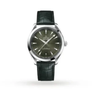 Omega Seamaster Aqua Terra O22013412110001 with a green teak-pattern dial, 41 mm stainless steel case, and green leather strap.