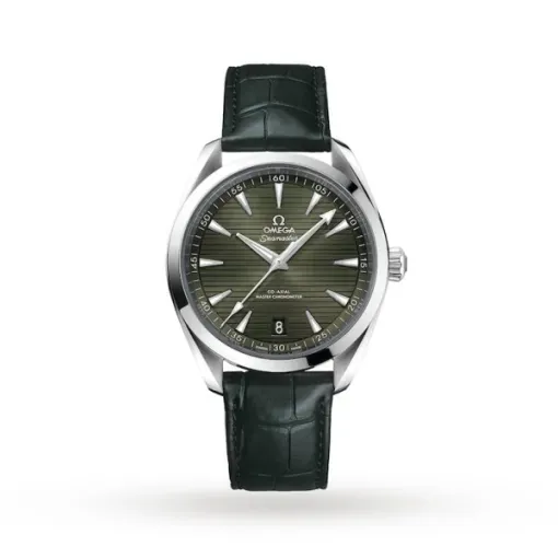 A0C3E1B5-6E22-BEB5-4F0B-F7C67827D3C9 Omega Seamaster Aqua Terra O22013412110001 with a green teak-pattern dial, 41 mm stainless steel case, and green leather strap.